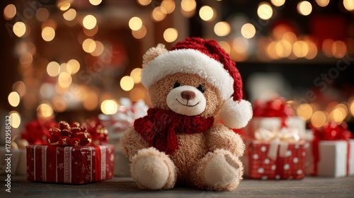 Cute teddy bear wearing a Santa hat surrounded by colorful gifts during the festive season