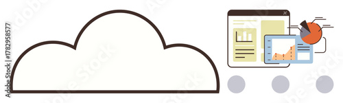 Cloud outline connected to a chart, tablet, and report. Ideal for technology, cloud computing, data analysis, storage, digital management business growth IT concepts. Simple flat metaphor