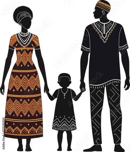 African family silhouette wearing traditional clothing with geometric patterns kwanzaa african culture