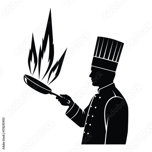 Professional chef cooking food in frying pan with flame silhouette