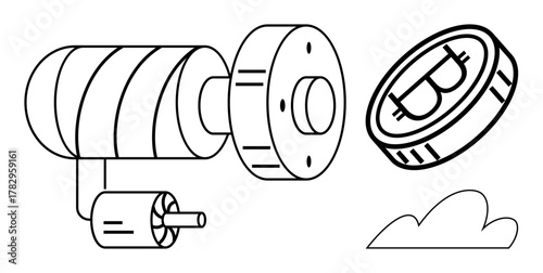 Bitcoin coin near mining rig equipment with digital focus. Ideal for cryptocurrency, blockchain, technology, data processing, innovation, automation, and finance themes. Simple flat metaphor