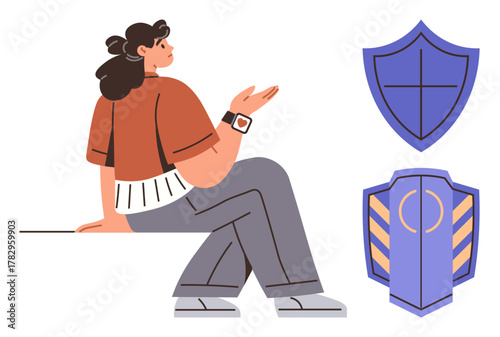 Woman gesturing while seated alongside shield designs representing safety and protection. Ideal for security, trust, safeguarding, conversation, technology, reliability, cyber protection. Simple flat