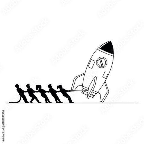 Determined team pulls together to launch a powerful rocket, symbolizing collaboration and ambitious business growth