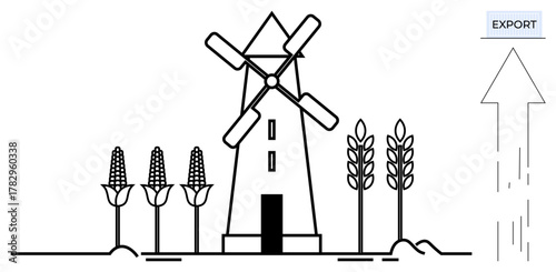 Windmill surrounded by wheat and corn stalks with an upward arrow labeled export. Ideal for agriculture, sustainability, economy, export, growth, farming, eco-friendly production. Minimal simple flat
