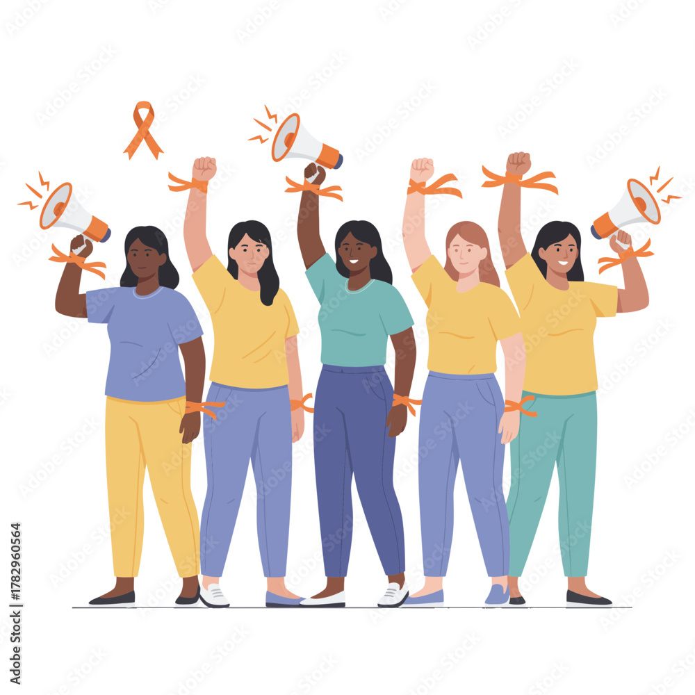 Obraz premium Diverse Women Holding Megaphones and Orange Ribbons Symbolizing Empowerment and the Fight Against Gender-Based Violence