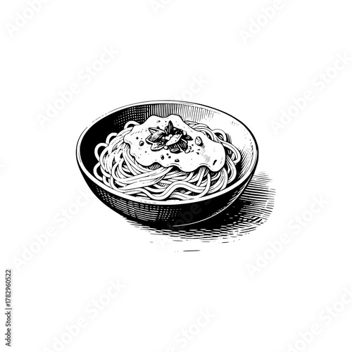 Italian Spaghetti. Black white vector illustration.