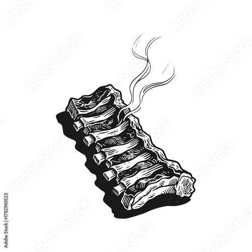 Barbecued ribs. Black white vector illustration.