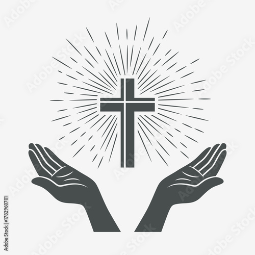 Vector Black and White Open Hands with Cross. Symbol of Faith and Prayer. Design Template for Church Logo. Prayer, Religion Concept. Monochrome Cut Out Silhouette Icon. Vector Illustration