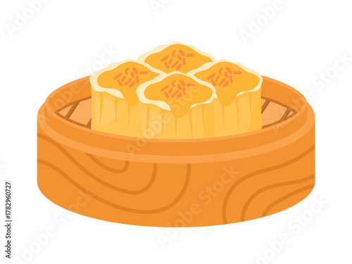 Steamed Dim sum siu mai Chinese in a bamboo steamer basket Chinese food isolated cartoon vector illustration