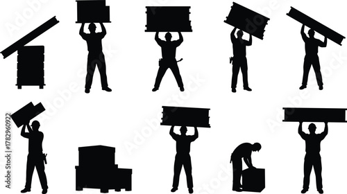 Construction workers lifting panels, manual labor silhouettes, heavy object handling, industrial effort poses, black vector icons, workforce strength illustration