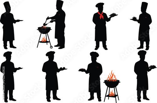 Chef silhouettes grilling, barbecue cooking, outdoor culinary scene, flame grill chefs, professional cook poses, food preparation, restaurant concept, kitchen staff illustration