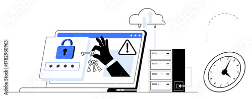 Hacker hand grabbing keys on laptop screen with lock, warning icons, and password fields. Server, cloud, clock nearby. Ideal for security, hacking, data safety encryption digital risks tech