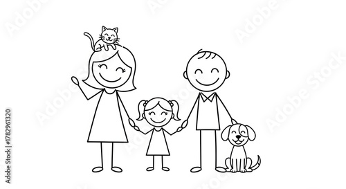 Happy stick figure family of four with a cat on mom's head and a dog next to dad, enjoying a playful moment together