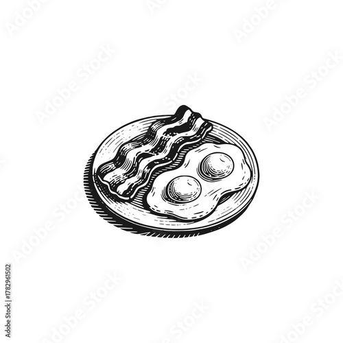 Bacon with egg. Black white vector illustration.