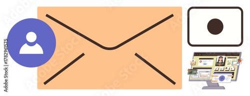 Large envelope with user avatar alongside a computer screen illustrating online interaction and content sharing. Ideal for communication, email marketing, digital outreach, networking, teamwork