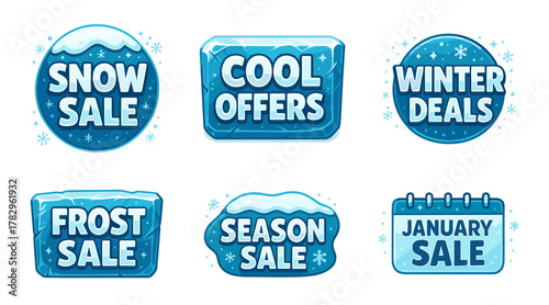 Winter sale badges cartoon icons, snow style, frosty discount, cool offers, holiday deals