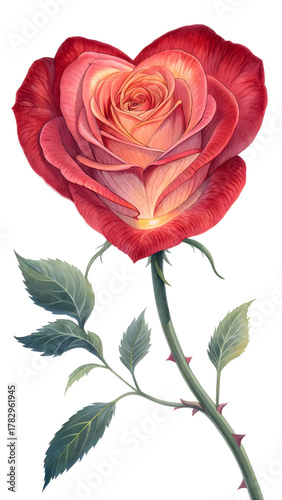 Heart-Shaped Rose Illustration in Red and Pink – Romantic Botanical Artwork with Realistic Petals, Thorns, and Leaves