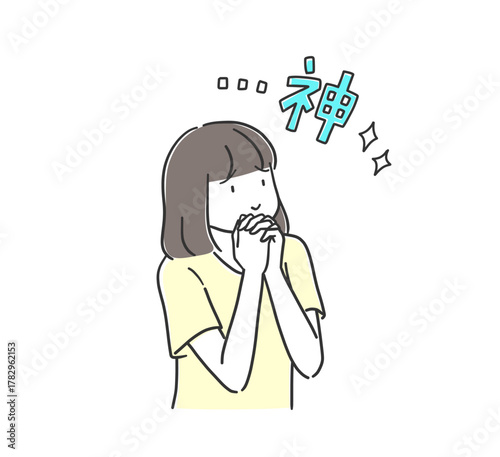 真剣な表情で神頼みをしている女性のイラスト素材