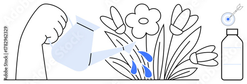 Hand pouring water onto flowers using a watering can to promote growth. Bottle and target icon showcase focus, planning, and care. Ideal for growth, success, nurturing, goals, strategy planning