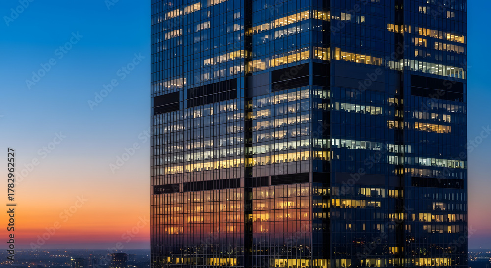 Fototapeta premium Modern skyscraper illuminated at dusk reflecting the warm hues of the setting sun, creating a stunning urban landscape