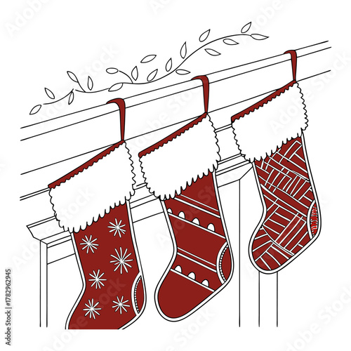 Hanging Holiday Stockings Design Fireplace Mantel Christmas Decor Gift Giving Winter Season Celebration Illustration. Ornament Vector Design, Traditional Ornament Elements. 