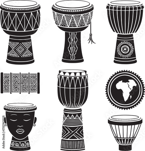 Collection of African drums and cultural symbols in kwanzaa african culture black and white silhouette