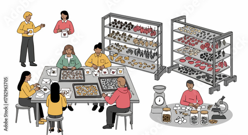 People working in a laboratory analyzing samples and conducting experiments.