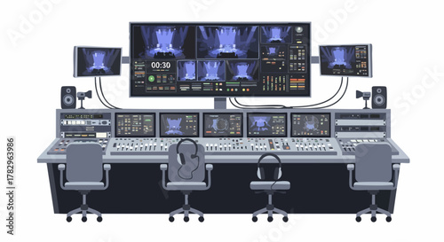 Advanced Broadcast Control Room with Multiple Monitors and Consoles.