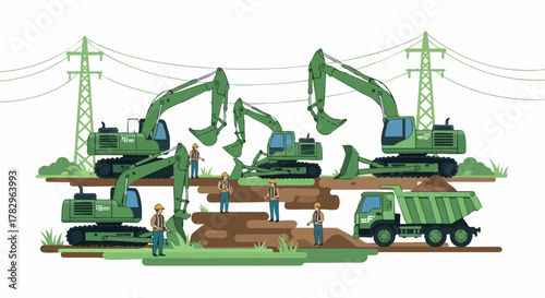 Construction site with excavators and workers.