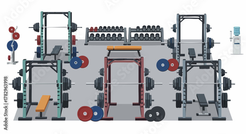 Well-equipped commercial gym layout with various weightlifting equipment.