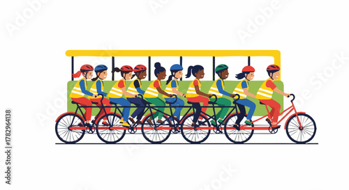 Long tandem bicycle with multiple riders.