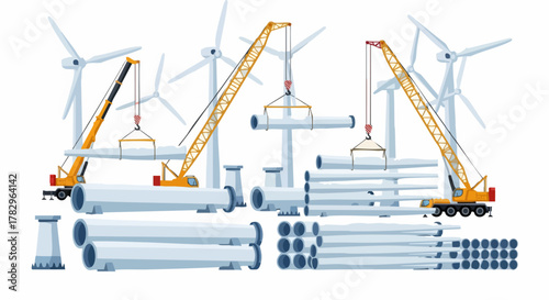 Wind Turbine Construction with Cranes and Pipes.