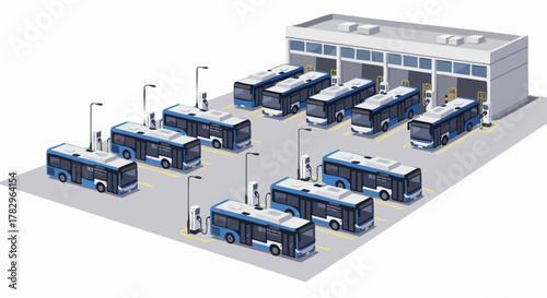 Electric buses parked at a charging station ready for service.