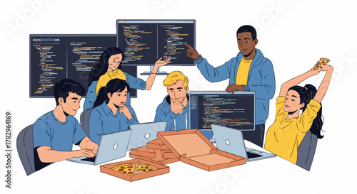 Diverse group of people working together on a technology project.