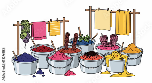 Colorful dye buckets and hanging fabrics for textile dyeing.