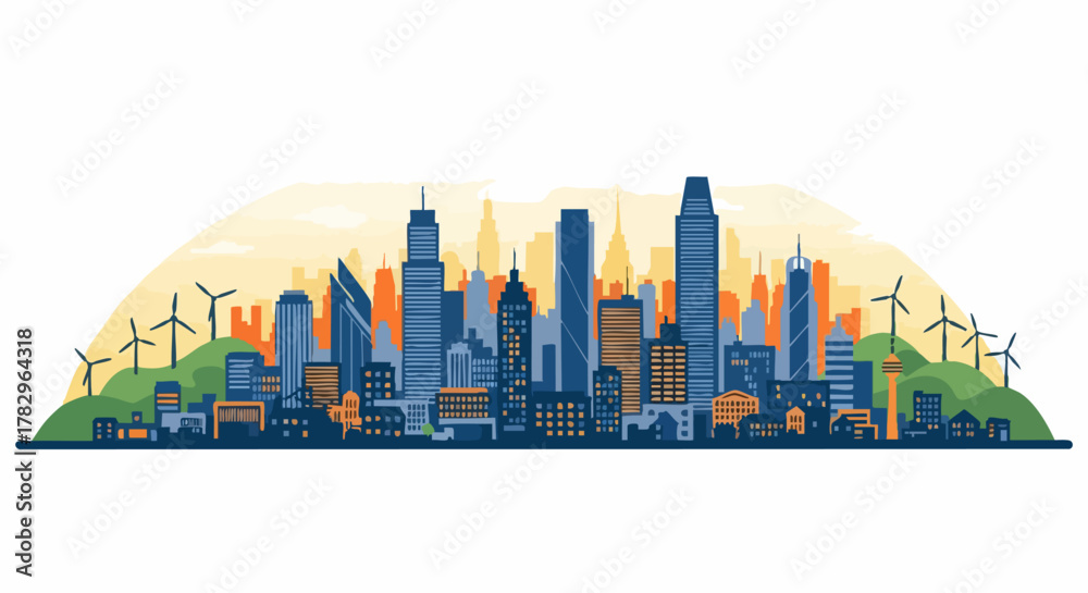 Naklejka premium Sustainable Cityscape with Wind Turbines and Modern Architecture Illustration.