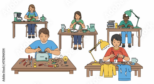 People repairing various household items and electronics at a repair workshop.