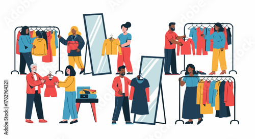 People Shopping for Clothes at a Store with Racks and Mirrors.