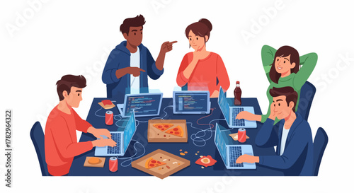 Diverse team collaborating on laptops with pizza and drinks.