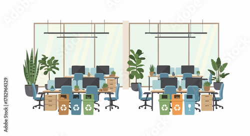 Eco-Friendly Office Space with Recycling Bins and Plants.