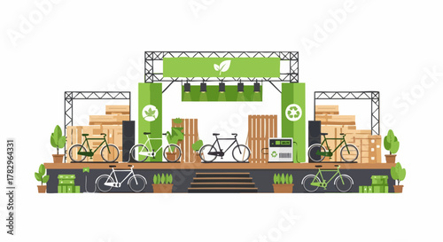 Eco-Friendly Bicycle Event Stage with Recycled Materials and Green Decor.