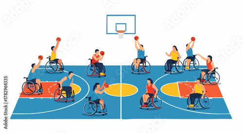 Wheelchair basketball game with players shooting the ball.
