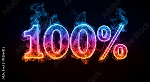 100 text in colorful fire and smoke on black background