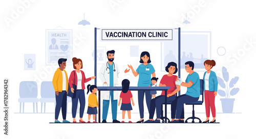 Diverse group of people receiving vaccinations at a clinic.