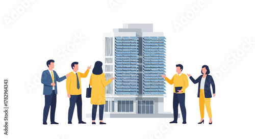 Group of people standing in front of a modern building.