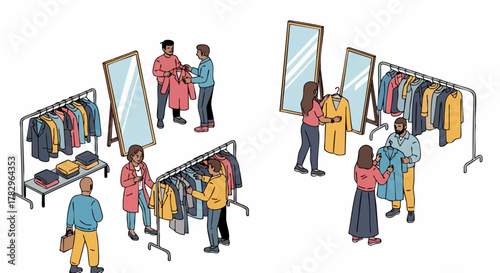 People shopping for clothes in a clothing store looking at garments.
