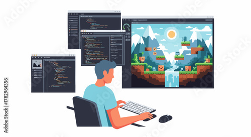 Game developer working on a new video game project with multiple screens.