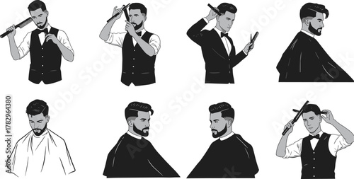 Haircut process illustration, barber tools, male grooming steps, hair styling sequence, scissors and comb, salon service, hairstyle transformation, grooming routine