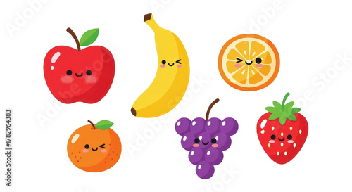 Cartoon fruits collection with smiling faces apple banana orange grapes strawberry