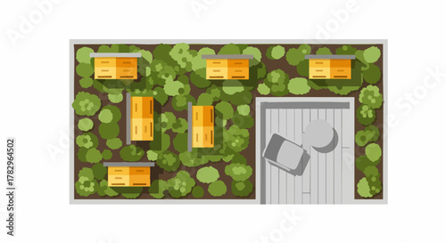 Overhead View of a Residential Area with Houses and Parking.